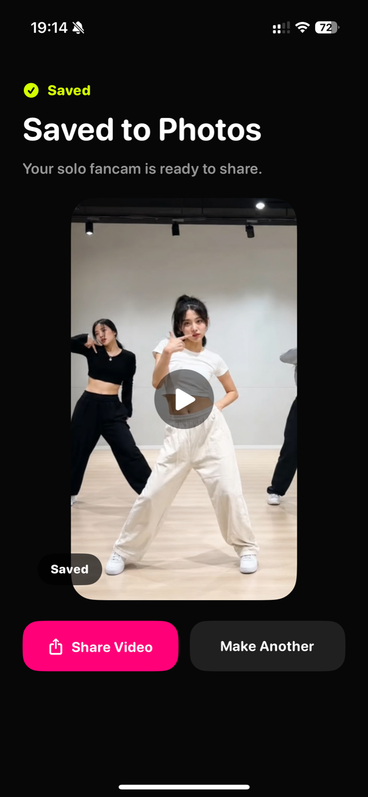 TapSolo saved result screen showing a vertical solo fancam ready to share.