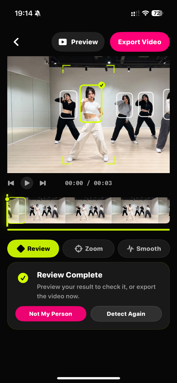 TapSolo review and correction screen with a selected dancer, timeline, and export controls.