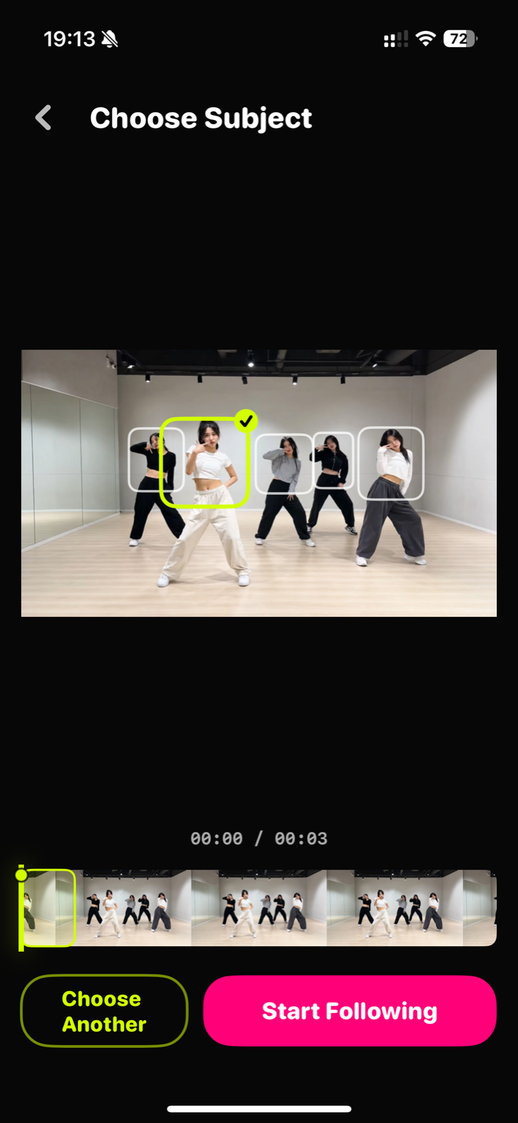 TapSolo subject selection screen showing a group dance video and the selected dancer.